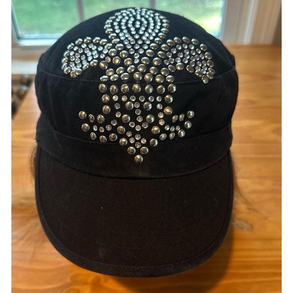 Y2K Bongo Silver Studded Cap Hat 90s Black Fleur-de-Lis Military style